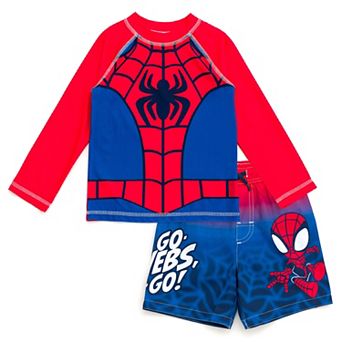 Marvel Spidey and His Amazing Friends 2 pc Swimwear Rash Guard and Swim Trunks Set