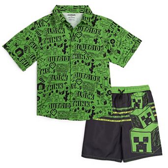 Minecraft Creeper Swimwear Camp Shirt and Swim Trunks Set