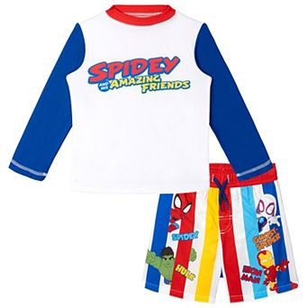 Marvel Spidey and His Amazing Friends 2 pc Swimwear Rash Guard and Swim Trunks Set