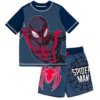 Marvel Spider-Verse Miles Morales 2 pc Rash Guard and Swim Trunks Set