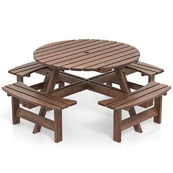 Costway 8-Person Round Picnic Table Set with 4 Built-in Benches 2" Umbrella Hole