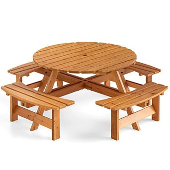 Costway 8-Person Round Picnic Table Set with 4 Built-in Benches 2" Umbrella Hole
