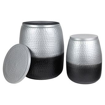 Merida Modern Rustic 2 pc Hammered Metal Drum Storage Side Tables with Lids