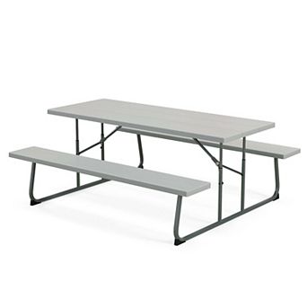 Costway Folding Picnic Table with 2 Benches All Weather Wood-like Tabletop Umbrella Hole