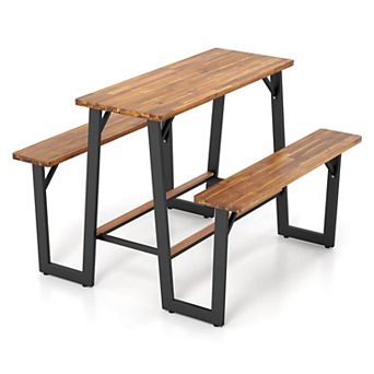 Costway Patio Picnic Table Bench Set with Acacia Wood Tabletop Benchtop Built-in Footrests