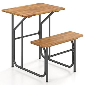 Costway Patio Table Bench Set One-Side Picnic Table & Seat with Acacia Wood Top Metal Legs