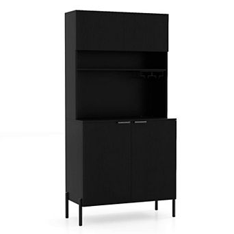 Costway 64.5” Kitchen Pantry Cabinet with Charging Station Wine Glass Rack Adjustable Shelf
