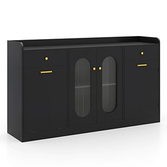 Costway 55” Large Buffet Cabinet with 2 Glass Doors, 2 Drawers, 2 Door Shelves for Kitchen