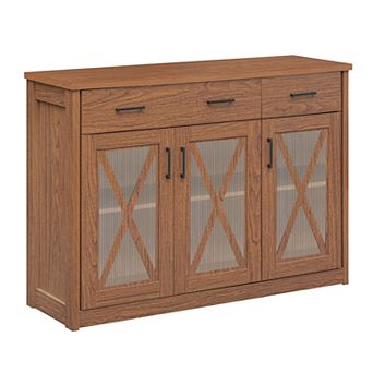 Costway Farmhouse Buffet Sideboard with 2 Drawers Fluted Barn Doors for Kitchen Dining Room