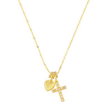 Gratitude & Grace 14k Gold Flash Plated Round Cubic Zirconia & Simulated Pearl Cross & Heart Pendant Necklace