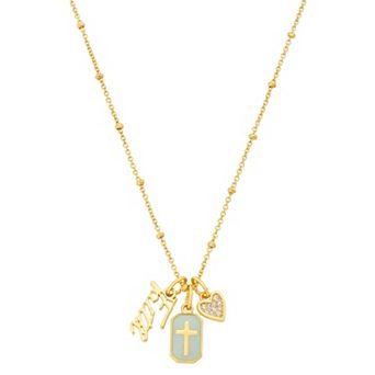 Gratitude & Grace 14k Gold Flash Plated Cubic Zirconia Heart & Faith Charm Pendant Necklace