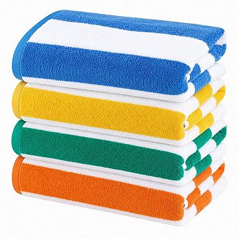 Set of 4 Oversized Cabana Striped Towels Soft Ring Spun Cotton Pool Beach Use