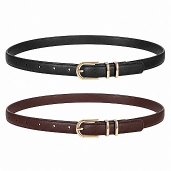 2 Pack Women Skinny Faux Leather Belts For Jeans Pants With Gold Buckle