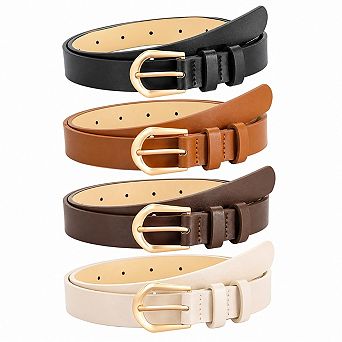 4 Pack Womens Thin Faux Leather Skinny Waist Belts With Gold Buckle For Jeans Dress