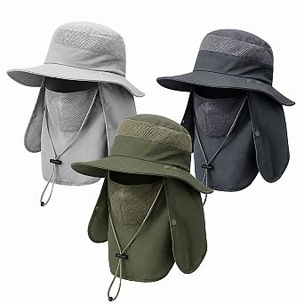 3 Pack Mens Outdoor Wide Brim Fishing Hat UPF 50+ Sun Cap With Face Neck Flap For Hiking Garden