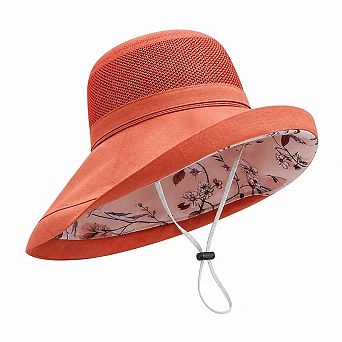 Women Wide Brim Sun Hat UV Protection Mesh Crown Adjustable Chin Strap Foldable Beach Travel Cap