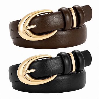2 Pack Women Faux Leather Belts For Jeans Pants Fashion Skinny Buckle Belts