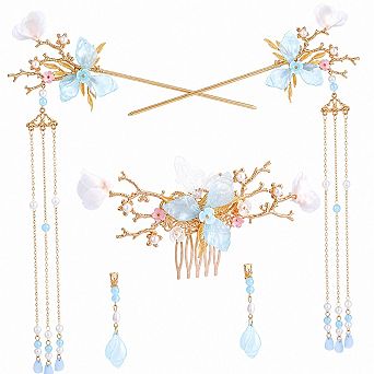 5 Flower Tassel Hairpins Rhinestone Faux Pearl Hanfu Wedding Hair Clips