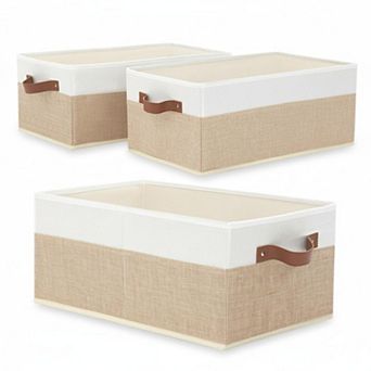 3 Pack Closet Organizer Bins Large Foldable Storage Baskets Leather Handles for Shelves Clothes Toys