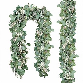 2 Pack 13.1Ft Eucalyptus Boxwood Garland w/White Buds Artificial Greenery for Shower Wedding Party