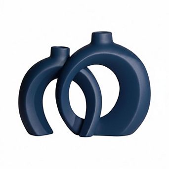 Set Of 2 Navy Donut Ceramic Vases Modern Home Decor for Living Room Coffee Table Bookshelf Mantle