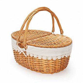 Wicker Picnic Basket Removable Liner Folding Handle Vintage Hamper For Camping Storage