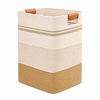 85L Foldable Cotton Laundry Hamper With Leather Handles Large Storage Basket For Bedroom Living Room
