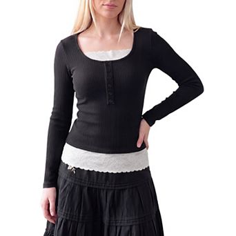 Women's Henley Shirts Ribbed Tops Contrast Lace Ttim Y2K Blouses