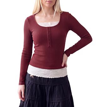 Women's Henley Shirts Ribbed Tops Contrast Lace Ttim Y2K Blouses
