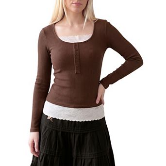Women's Henley Shirts Ribbed Tops Contrast Lace Ttim Y2K Blouses
