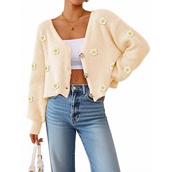 Women's Floral Print V Neck Long Sleeve Cropped Cardigan