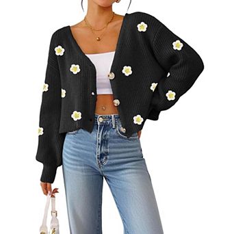 Women's Floral Print V Neck Long Sleeve Cropped Cardigan