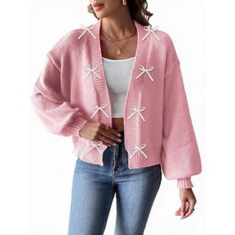 Women's Open Front V Neck Long Sleeve Ribbon Bow Cardigan Sweater
