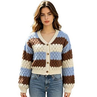 Women's Contrast V Neck Long Sleeve Loose Knit Button Cardigan