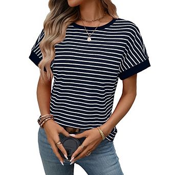 Women's Short‑Sleeve Striped Crew‑Neck T‑Shirt Blouse Top