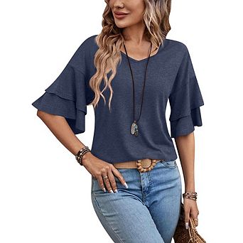 Women's Ruffled 3/4‑Length‑Sleeve V‑Neck Blouse Top