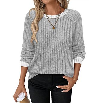 Women's Soft Color‑Block Long‑Sleeve Casual Sweater Shirt