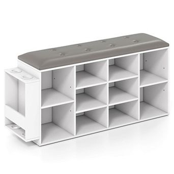 Costway Wooden Shoe Bench 10-Cube Storage Organizer with Padded Cushion & Umbrella Holder