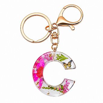 Pink Flower Butterfly Initial Keychain Cute Bling Gift for Women Girls