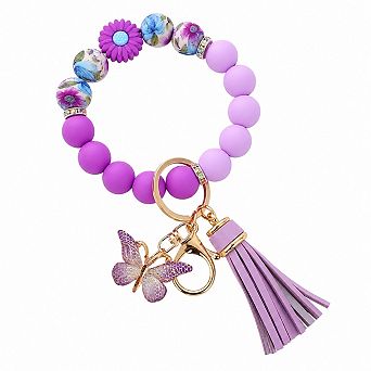 Daisy Silicone Beaded Key Wristlet with Leather Tassel