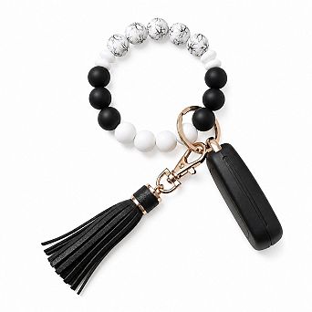 Silicone Beaded Key Ring Bracelet Wristlet with Leather Tassel