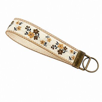 Floral Embroidered Fabric Wristlet Keychain With Antique Brass Hardware