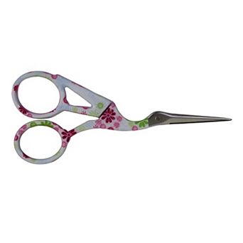Wizardi Stork Embroidery Scissors — White Enamel with Rose Print, Fine-Point Blades