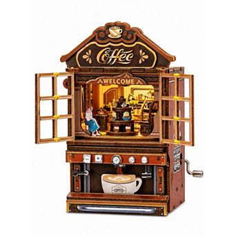 Relaxing Coffee Shop Wooden Miniature Dollhouse Music Box