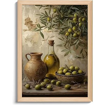 Vintage Olive Kitchen Wall Art Green Olive Still Life, Framed Canvas