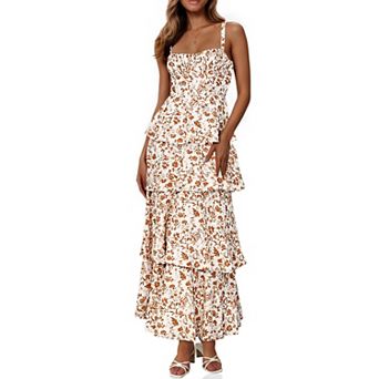 Womens Floral Tiered Maxi Dress Spaghetti Strap Boho Beach Vacation Sundress