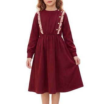 Girls 5-12 Corduroy Ruffle Trim Dress Long Sleeve Fall Winter Casual Midi Dress