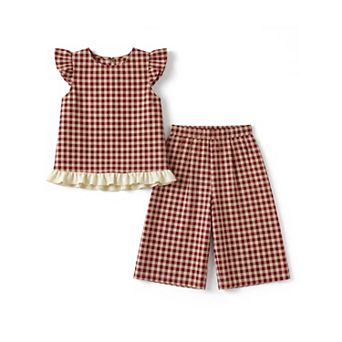 Girls 5-12 Casual Gingham 2 pc Outfits Cap Sleeve Ruffle Hem Tops & Elactic Waist Shorts Set