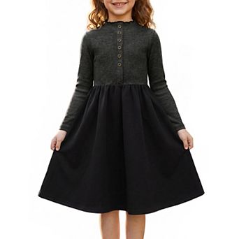 Girls 5-12 Fall Winter Casual Dress Ribbed Knit Long Sleeve Half Button Lettuce Trim