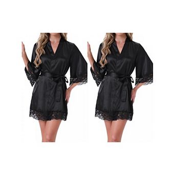 2 Packs Women's Satin Robe Silky Lace Trim Bridal Party Tie Waist Wedding Bridesmaid Bathrobe